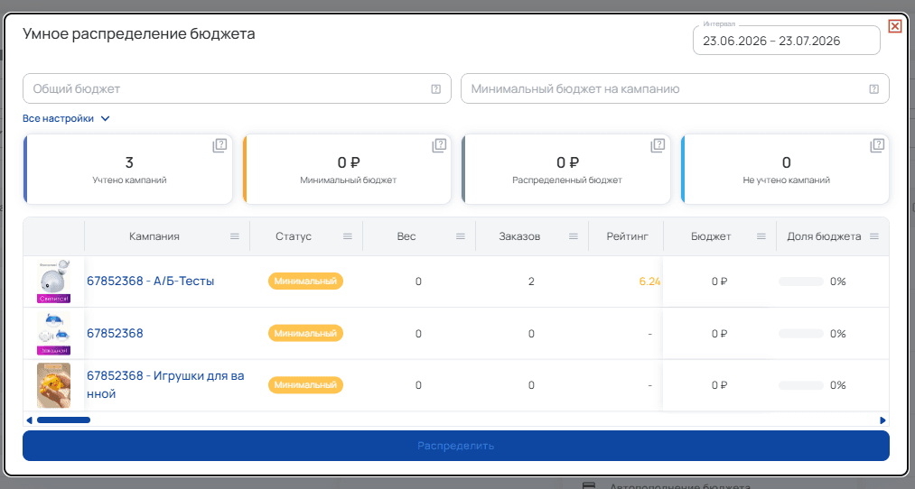 Настройки распределения бюджета