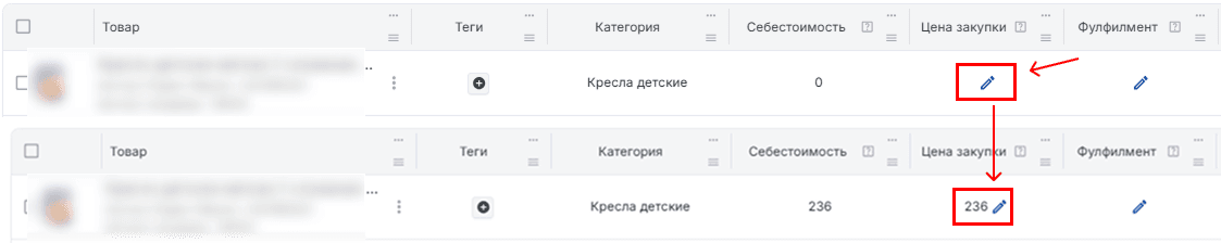 Себестоимость редактирование