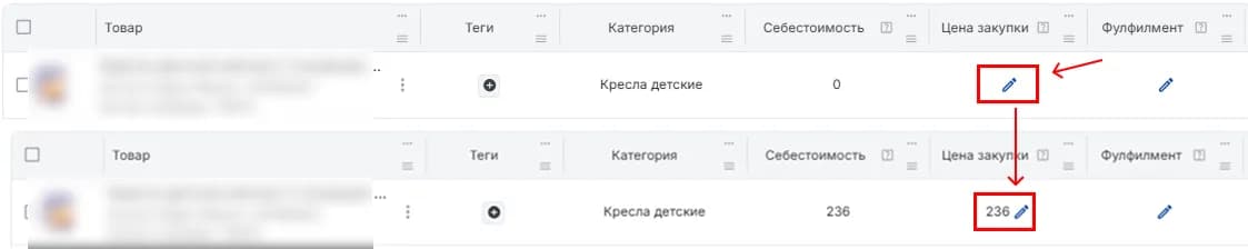 Себестоимость редактирование